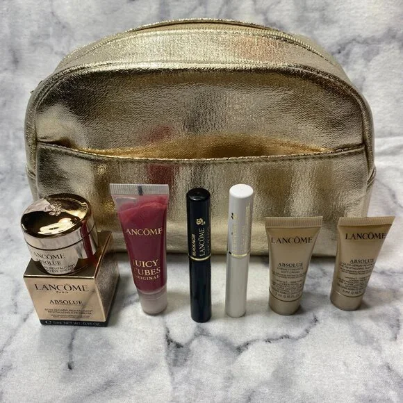 Lancome Absolue Beauty Gift Set-Gold Pouch,Eye Cream,Serum,2 Mascara,Lip-7pc-NEW